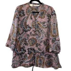 Cathy Che Paisley Blouse Womens‎ 16 Pink 3/4 Sleeve Drawstring Waist Boho Top